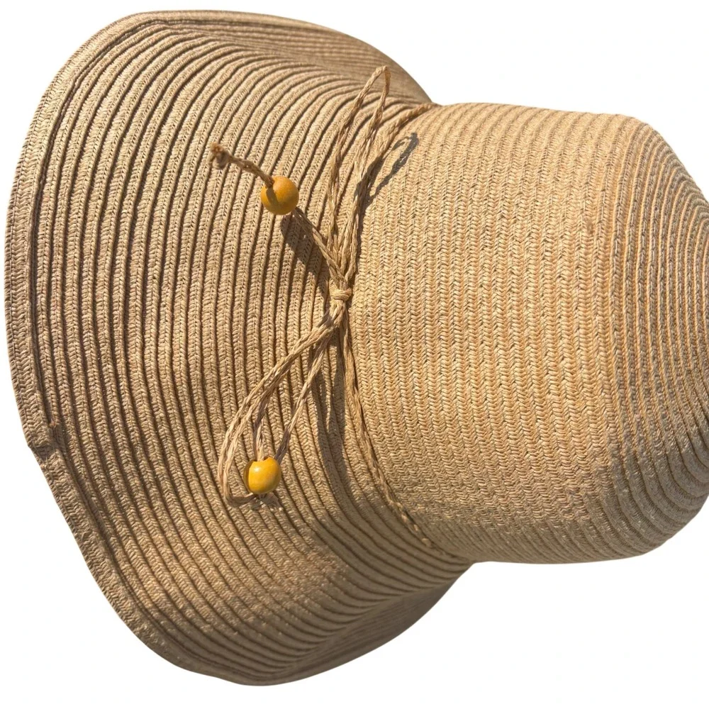 August‎ Hat Co Tan Straw Sun Hat Wide Brim Beaded Cord Summer Beach One Size